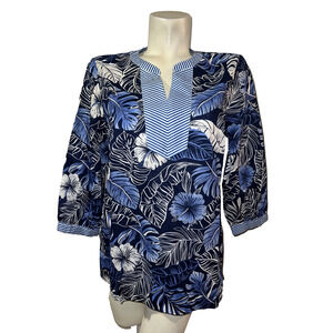 New Talbots Top Size PL Blue White Floral 3/4 Sleeve Cotton Boho Tunic Tropical